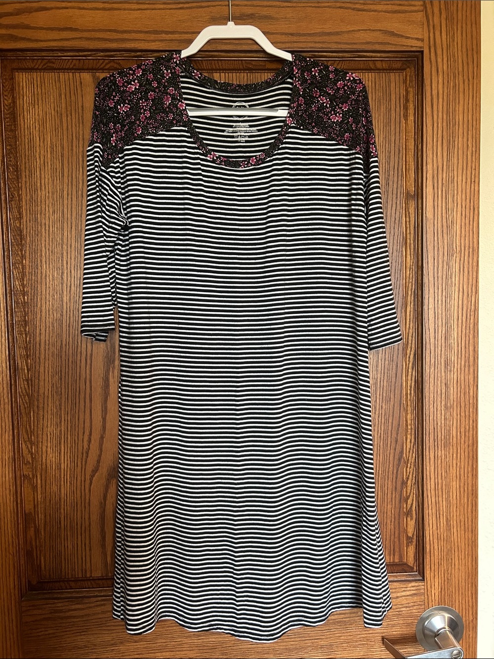 Black & White Striped Women's Dress with Pink Floral Yoke
